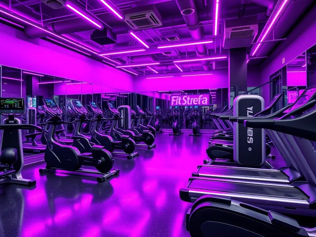 A vibrant image of the gym interior with neon lighting and modern equipment, showcasing the state-of-the-art facilities at Fit Strefa.