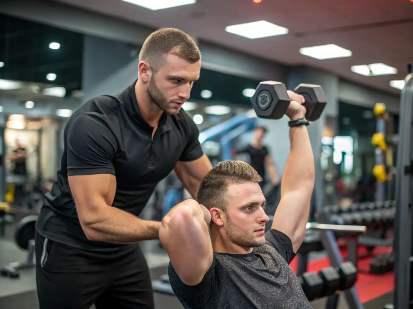 A trainer assisting a client with weights in a brightly lit, neon-themed gym space, emphasizing the personalized approach of Fit Strefa's personal training services.