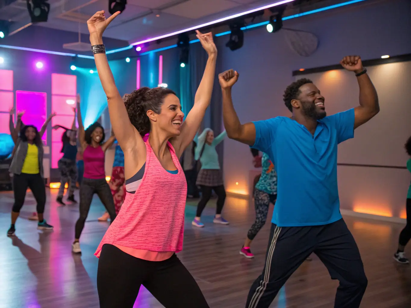 A dynamic photo of a Zumba class in action at Fit Strefa, with participants smiling and following the instructor's energetic moves, set against a backdrop of neon lights.