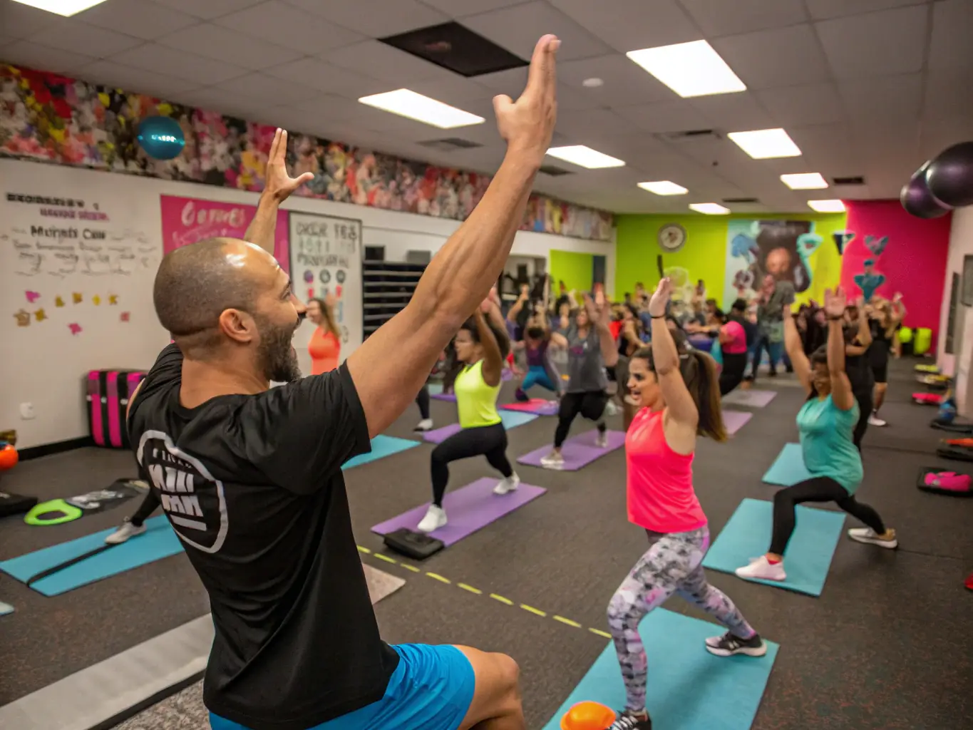 A high-energy photo of a HIIT (High-Intensity Interval Training) class at Fit Strefa, with participants pushing their limits under the guidance of a motivating instructor, with neon lights adding to the intensity.