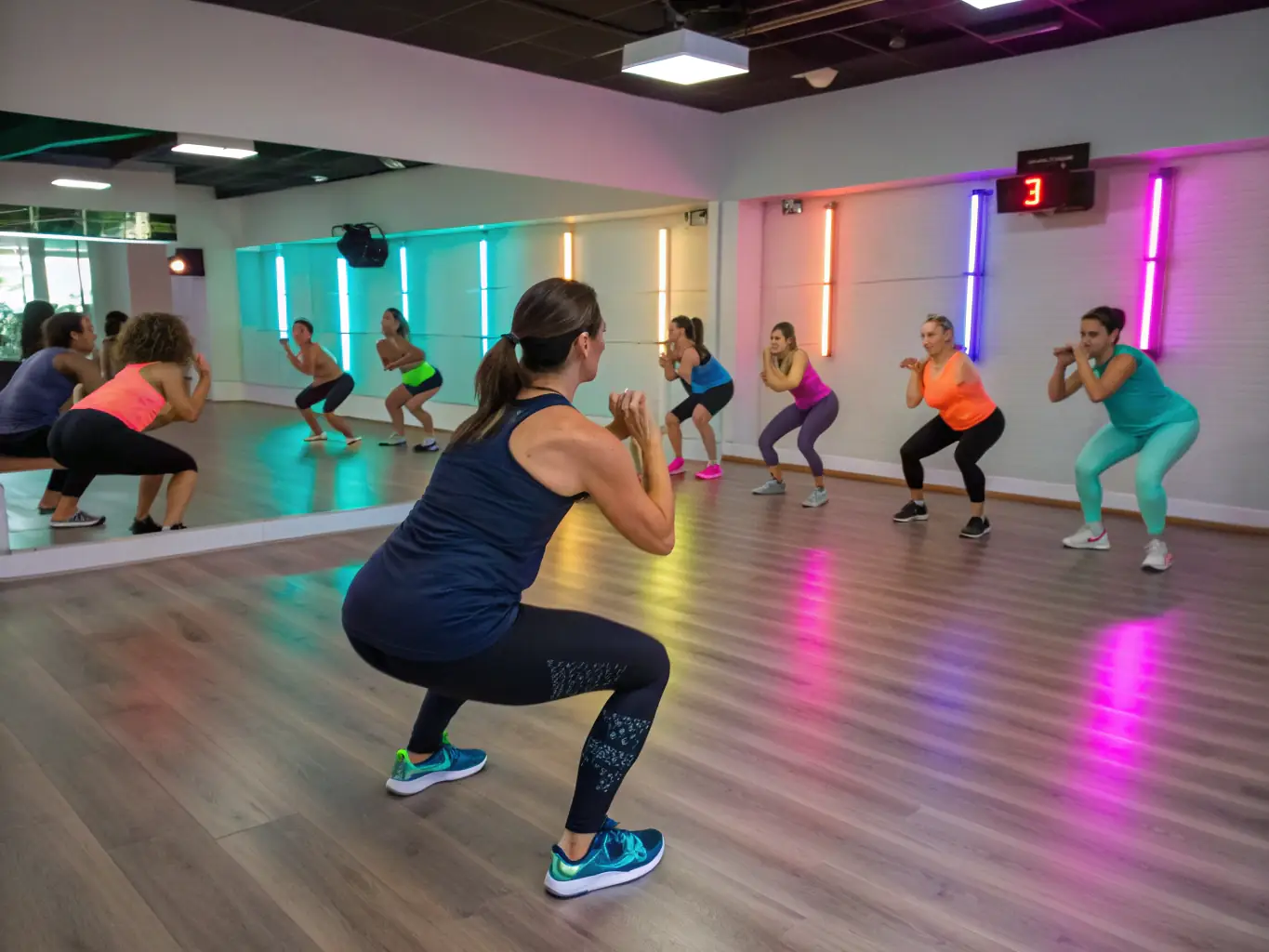A dynamic photo of a group class in action with participants and an instructor, highlighting the energetic atmosphere of Fit Strefa's group fitness programs.